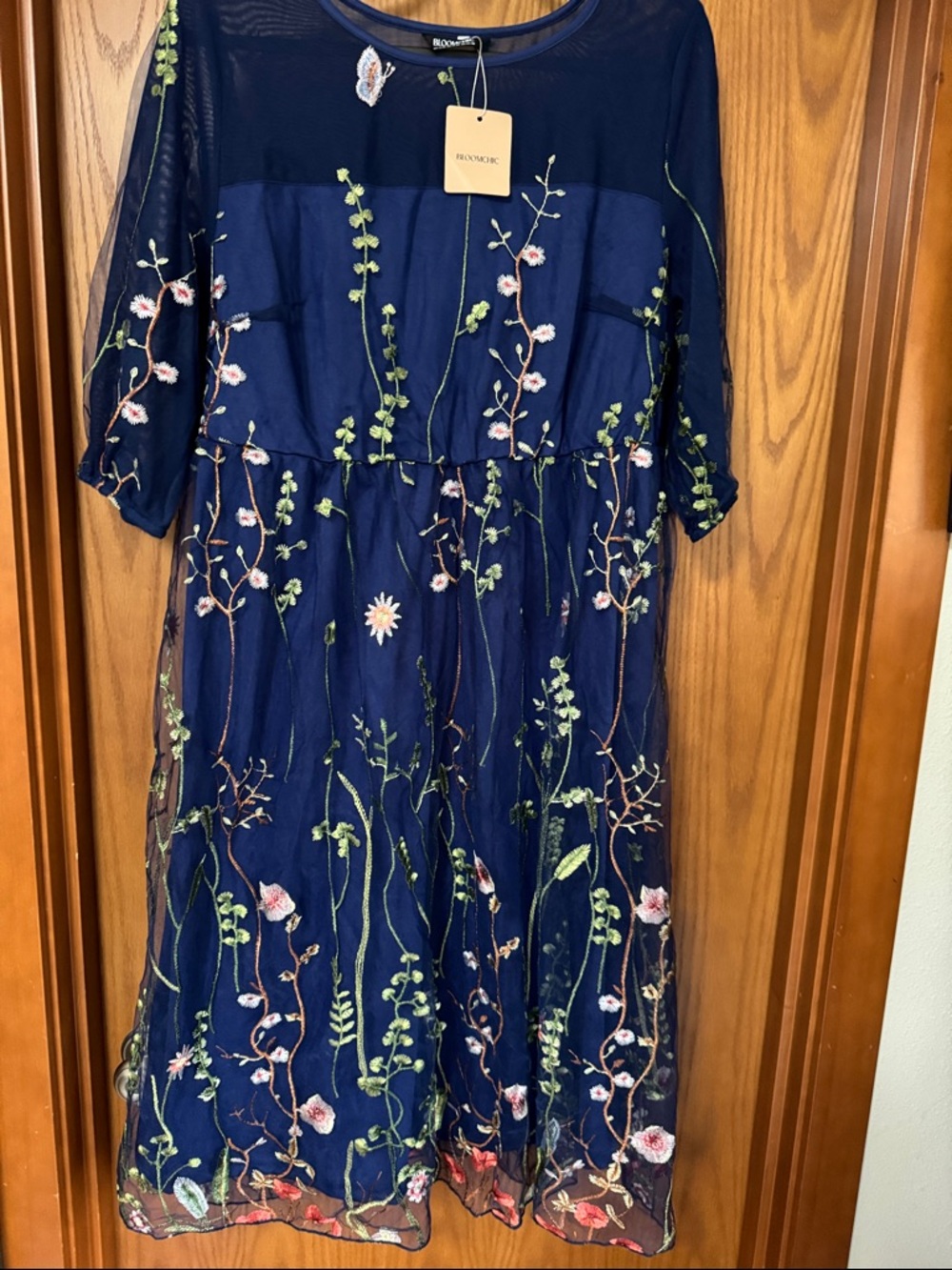 Bloomchic Navy Mesh Dress with Green and Pink Floral Embroidery